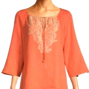 Chico's 3/4 Sleeve Lace Front Linen Topsize 1P